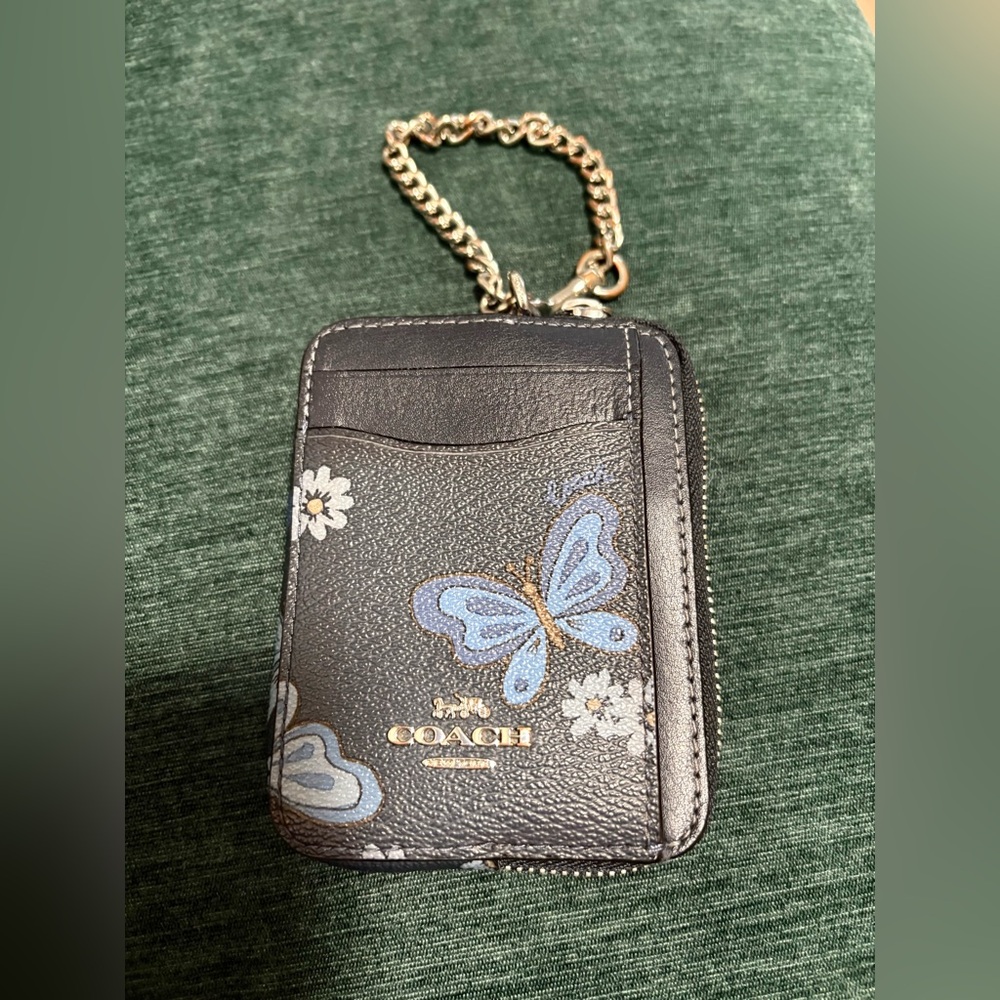 Coach Black Butterfly Floral Leather ID wallet Card Case with Chain